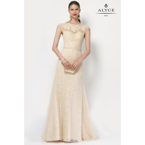 BLUSH Champagne Lace Rustic Wedding Dress, Cap Sleeve, Boat Neck Elegant Mother - Picture 2 of 15